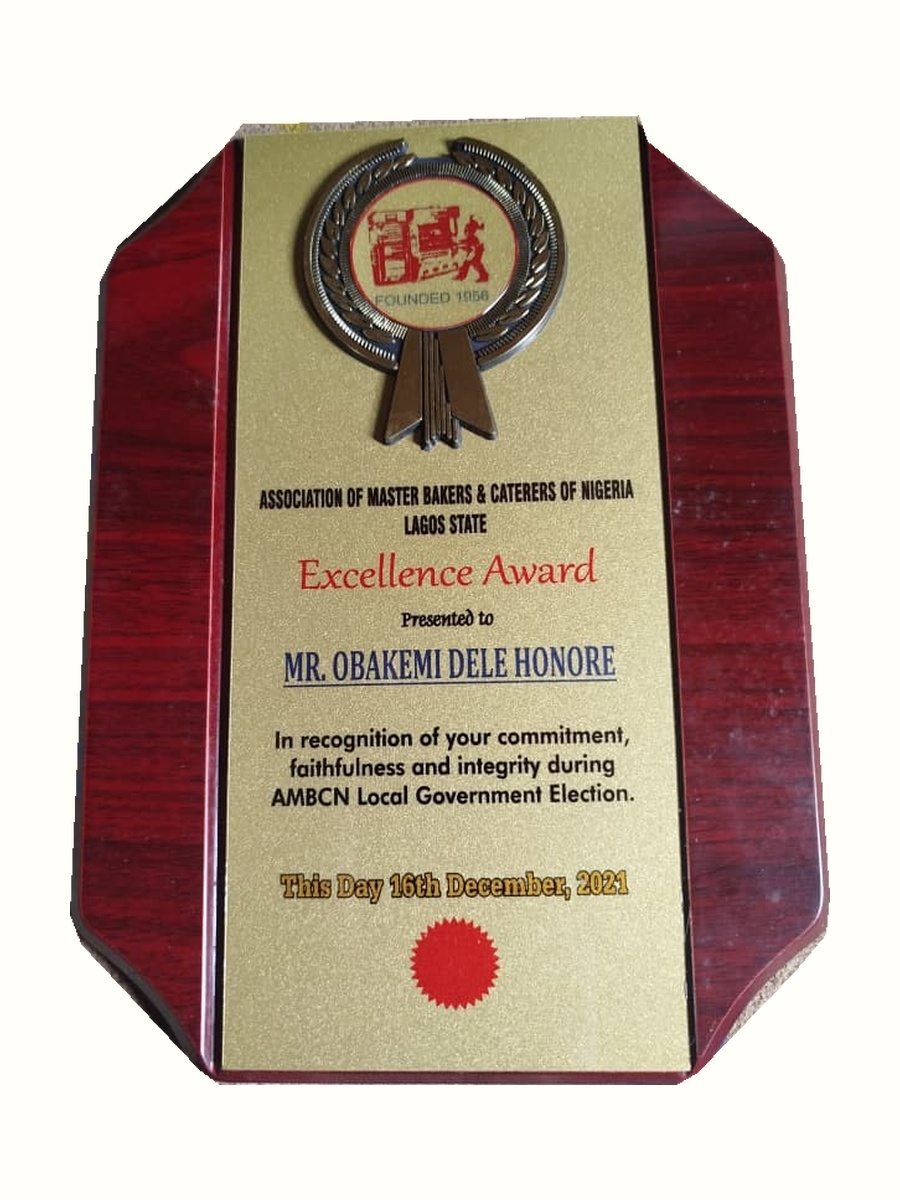 Excellence Award presented to Mr Obakemi Dele Honore by the Association of Master Bakers & Caterers of Nigeria, Lagos State