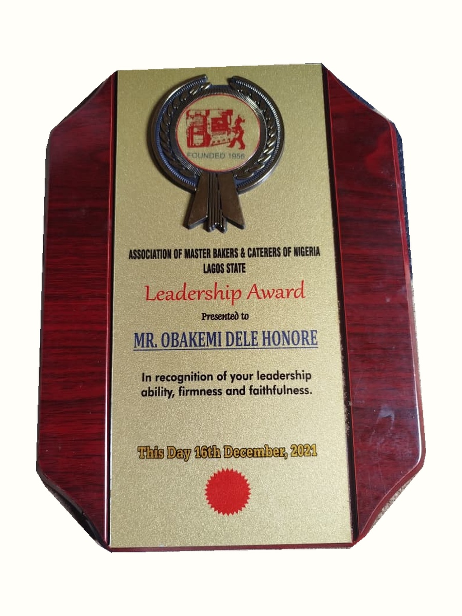 Leadership Award presented to Mr Obakemi Dele Honore by the Association of Master Bakers & Caterers of Nigeria, Lagos State